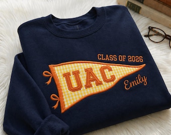 Personalized College Pennant Gingham Embroidered Sweatshirt, School Spirit Pullover, Class of 2026 Graduation Gift, Sorority Girls Gift