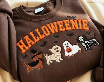 Embroidered Halloween Dachshund Sweatshirt, Gingham Wiener Dog Shirt, Gift for Dachshund Mom, Dachshund Mama Gift, Happy Halloweenie Shirt