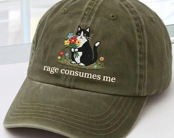 Embroidered Embroidered Funny Cat Meme Vintage Washed Hat, Weird core Rage Consumes Me Hat, Gift For Cat Lady