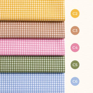 May include: A selection of six fabric samples, each featuring a gingham check pattern in different colours. The colours are yellow, brown, pink, green, and blue. Each swatch is labelled with a colour code: C2, C3, C4, C5, and C6.