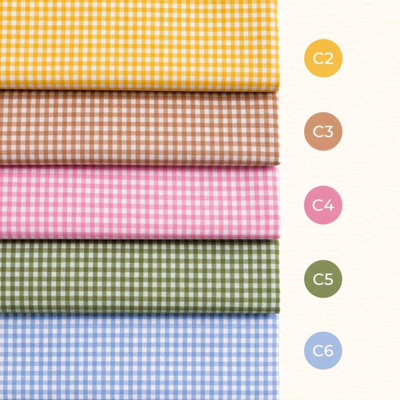 May include: A selection of six fabric samples, each featuring a gingham check pattern in different colours. The colours are yellow, brown, pink, green, and blue. Each swatch is labelled with a colour code: C2, C3, C4, C5, and C6.