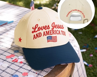 Embroidered Loves Jesus And America Too, patriotic Embroidered Hat, Independence Day Hat, America Retro Design, Christian 4th of July Cap