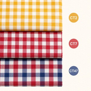 May include: Three fabric swatches in a gingham pattern. The top swatch is yellow and white, the middle swatch is red and white, and the bottom swatch is blue and white. The swatches are labelled with the text "CT2", "CT7", and "CT47".