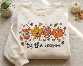 Tis The Season Embroidered Sweatshirt, Fall Pumpkin Football Coffee Crewneck, Thanksgiving Pumpkin Spice Shirt, Cozy Autumn Hoodie