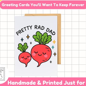 Grappige Vaderdagkaart | Pretty Rad Dad-kaart | Leuke kaart met woordspeling | Kawaii radijskaart | Blanco kaart voor papa's verjaardag of gewoon omdat