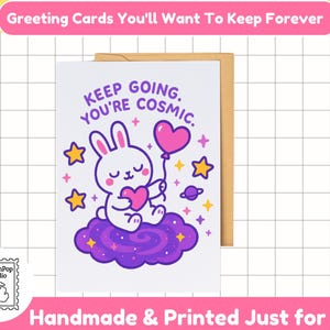 Tarjeta de ánimo de conejito adorable / Conejito espacial cósmico con globo de corazón / Regalo de afirmación positiva / Papelería estética kawaii