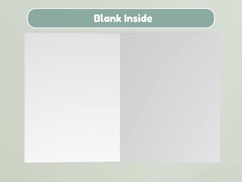 May include: A rectangular greeting card shown in an open, flat position. The left side is white and the right side is light gray. Above the card, a sage green horizontal pill-shaped label contains the white text "Blank Inside".