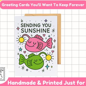 Ich sende Ihnen Sonnenschein Anglerfisch Karte | Kawaii Fisch Grußkarte | Ozean-Liebhaber-Karte | Glücksbringer Karte | Positive Schwingungen | Denken an Sie Karte