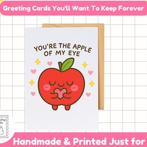 Apple of My Eye Card – Cute Fruit Pun Greeting for Thank You, Love, Friends – Handmade Heartfelt Funny Food Card, Kawaii Apple Gift