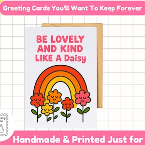 Biglietto "Sii adorabile e gentile come una margherita" / Biglietto di positività arcobaleno retrò / Biglietto di ringraziamento o incoraggiamento per insegnanti kawaii / Biglietto di auguri vuoto