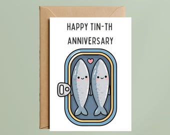 10th Anniversary Card – Funny Tinned Fish Pun Card for Husband or Wife (A6 Size)