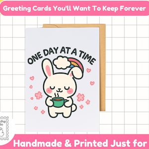 de voeux d'encouragement | Carte Un jour à la fois | Carte lapin kawaii | Carte de santé mentale | Guérir bientôt | Carte Je pense à vous