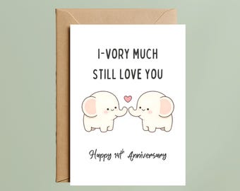 14th Anniversary Card – Ivory Elephant Love Greeting for Husband or Wife (A6 Size)