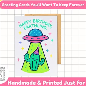 Alles Gute zum Geburtstag Erdling Karte | Lustige Alien Geburtstagskarte, Kawaii Weltraum Grußkarte, Süße UFO Kaktus Karte, Seltsames Lustiges Geschenk für Freund