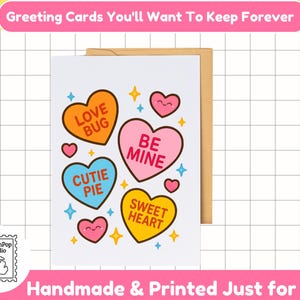 Tarjeta de San Valentín con forma de corazón de caramelo / Linda tarjeta de amor kawaii / Tarjeta "Sé mío, cariño" / San Valentín divertida y colorida / Saludo interior en blanco