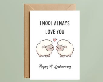 7th Anniversary Card – Funny Sheep Wool Pun Card for Husband or Wife