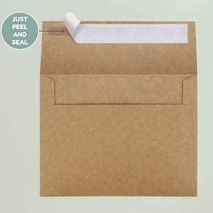May include: A square brown kraft paper envelope with an open flap featuring a white adhesive strip for closure. A circular graphic on the left side contains the text JUST PEEL AND SEAL with a line pointing to the adhesive strip on the envelope.
