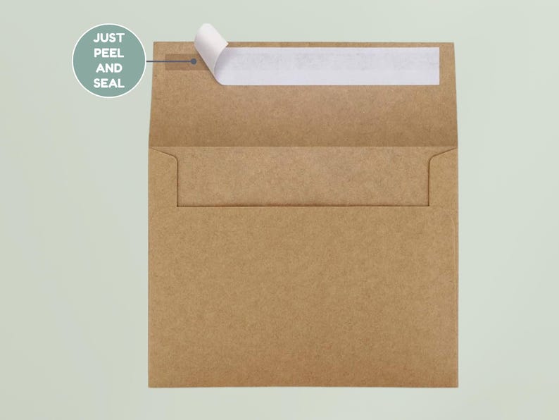 May include: A square brown kraft paper envelope with an open flap featuring a white adhesive strip for closure. A circular graphic on the left side contains the text JUST PEEL AND SEAL with a line pointing to the adhesive strip on the envelope.