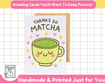 Carte matcha Thanks So - Jolie carte de remerciement pour un ami, un enseignant, un collègue ou une petite entreprise - Carte de voeux kawaii pour gourmets