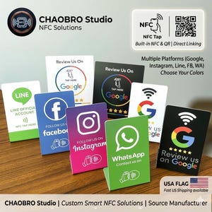 May include: A collection of NFC smart cards with social media logos, including Google, Instagram, Facebook, WhatsApp, and Line. Each card displays "Review Us On Google" or "Follow Us On" with a QR code and NFC tap symbol. The cards are on a wooden surface.