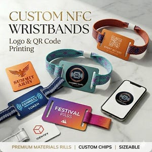May include: Custom NFC wristbands with logo and QR code printing. The image shows several wristbands in various colours, including orange, teal, and purple. Some wristbands have text such as "EVENT ACCESS" and "FESTIVAL PASS". A smartphone displays a matching NFC logo.