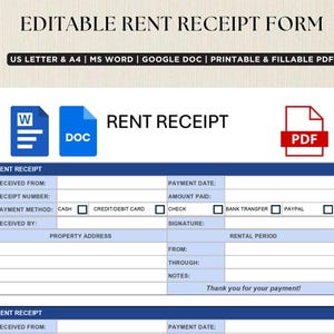 Rent Receipt Template, Editable Rent Receipt Form, Printable Editable Landlord Receipt, Tenant Payment Form, Instant Download, Cash Invoice