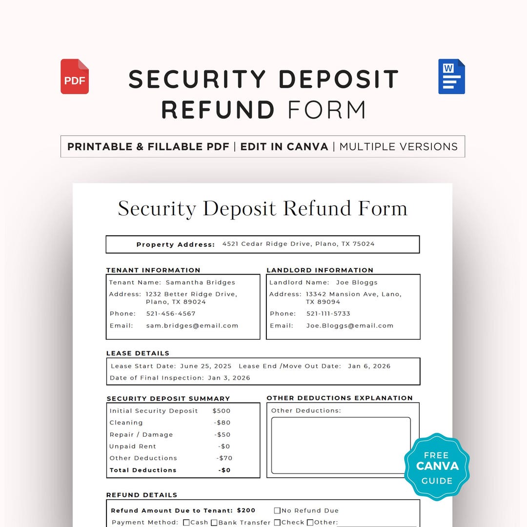 Printable Security Return Form Security Deposit Refund Form, Receipt Template, Editable Landlord ...