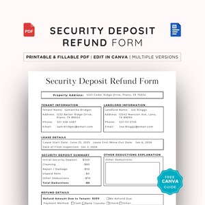 Könnte beinhalten: Ausdruckbares und ausfüllbares PDF-Formular zur Rückerstattung der Kaution. Das Formular enthält Abschnitte für Mieter- und Vermieterinformationen, Mietdetails, eine Zusammenfassung der Kaution und Rückerstattungsdetails. Bearbeitbar in Canva.