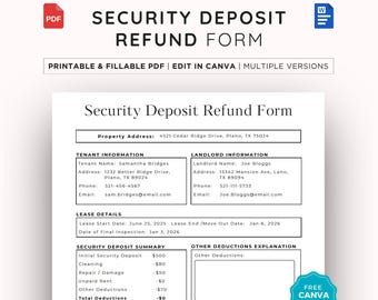 Security Deposit Refund Form, Receipt Template, Editable Landlord Document, Fillable Rental Receipt, Printable PDF & Canva
