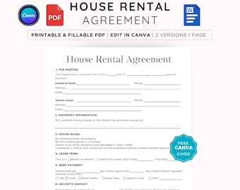 Simple House Rental Agreement | Editable Lease Agreement Template for Landlords | Printable Residential Contract | PDF | Canva | Ms Word Doc