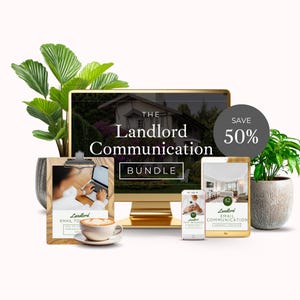 Könnte beinhalten: Ein goldfarbener Computermonitor, ein Tablet und ein Smartphone zeigen die Worte "The Landlord Communication Bundle". Ein Klemmbrett mit einem Foto und eine Tasse Kaffee befinden sich vor dem Monitor. Eine Grafik "Save 50%" ist ebenfalls sichtbar.