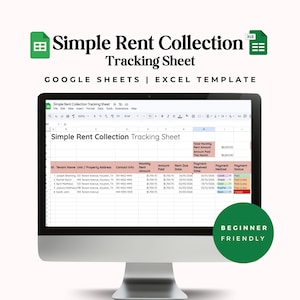 Könnte beinhalten: Ein Computermonitor zeigt eine Vorlage "Simple Rent Collection Tracking Sheet". Die Tabelle zeigt Mieterinformationen, Mietbeträge und Zahlungsdetails. Das Bild enthält den Text "GOOGLE SHEETS | EXCEL TEMPLATE" und ein "BEGINNER FRIENDLY"-Abzeichen.