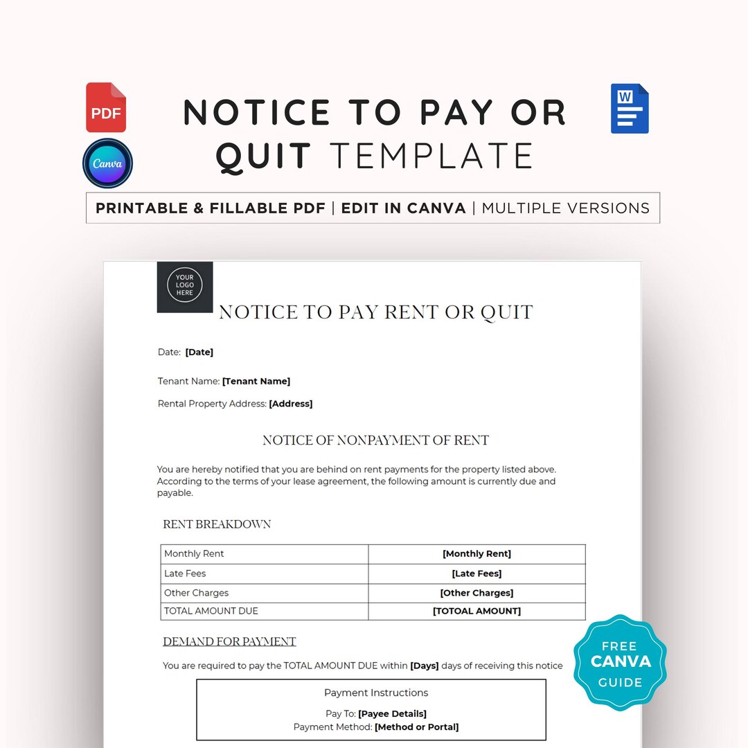 Example Invoice Quit Rent Notice to Pay or Quit Editable Template: Landlord Rental Property ...
