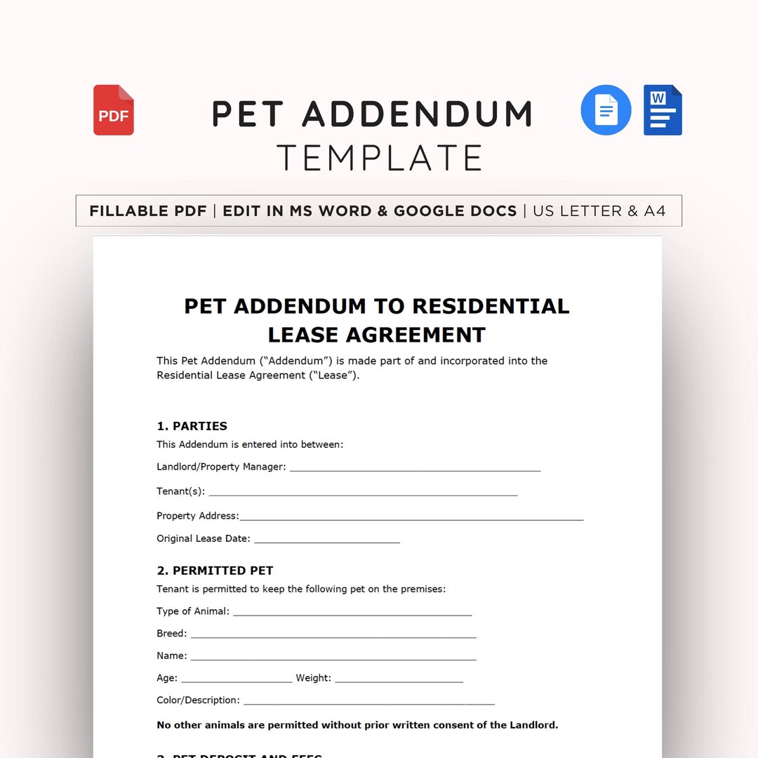 Pet Addendum Template for Lease, Editable Pet Policy Fillable PDF Form ...