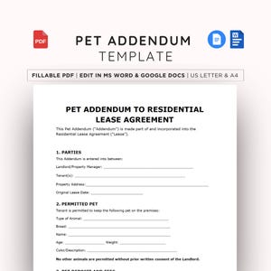 Könnte beinhalten: Ein weißes Dokument mit dem Titel "PET ADDENDUM TEMPLATE" mit dem Text "PET ADDENDUM TO RESIDENTIAL LEASE AGREEMENT". Das Dokument enthält ausfüllbare Felder für Parteien, Details zum zugelassenen Haustier und andere relevante Informationen. Das Dokument ist im PDF-Format verfügbar.