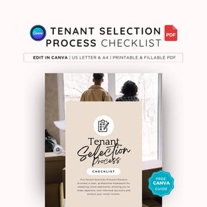 Puede incluir: Un documento digital titulado "Tenant Selection Process Checklist" con el logotipo de Canva. La lista de verificación es un PDF imprimible y rellenable, disponible en tamaños US Letter y A4. El documento proporciona un marco para evaluar a los solicitantes de alquiler.