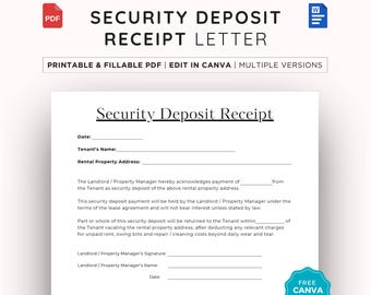 Security Deposit Receipt, Editable Rental Receipt Template, Landlord Form, Property Management Document, Canva & PDF
