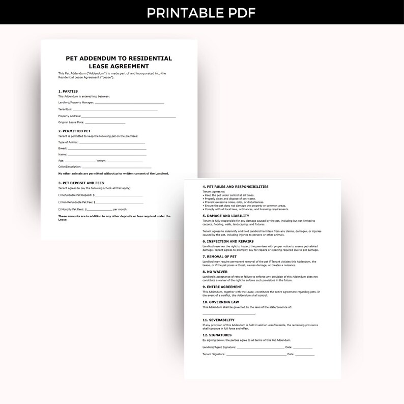 Pet Addendum Template for Lease, Editable Pet Policy Fillable PDF Form ...