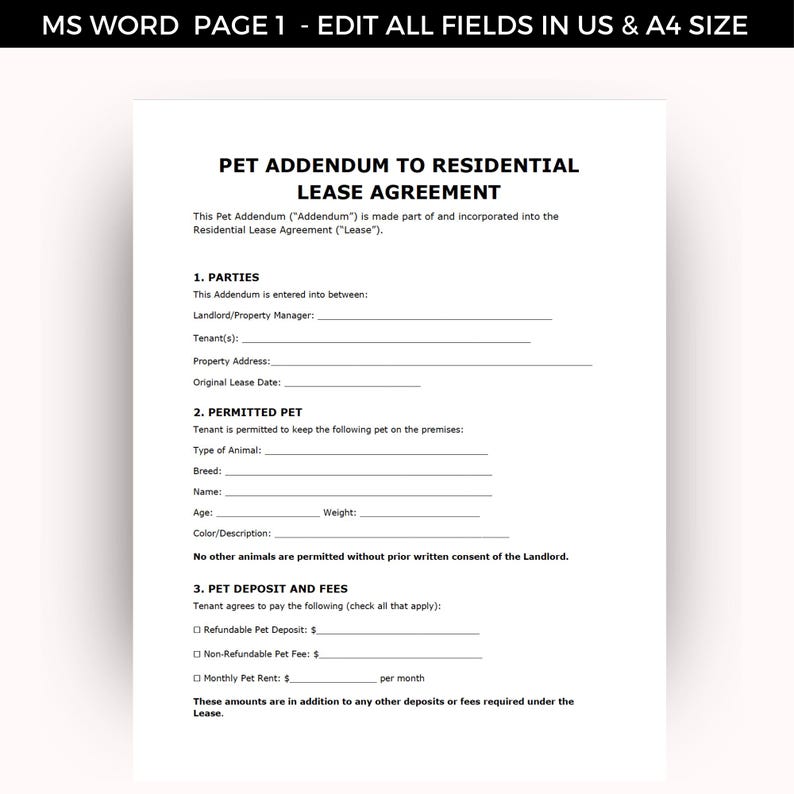 Pet Addendum Template for Lease, Editable Pet Policy Fillable PDF Form ...