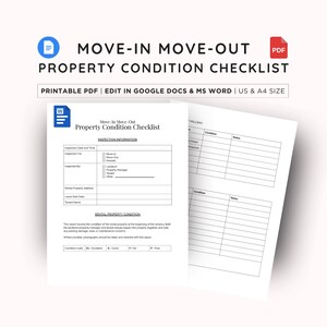 May include: A printable Move-In Move-Out Property Condition Checklist document in PDF, Google Docs, and MS Word formats. The form includes sections for inspection information, rental property condition, and tables for recording room conditions.