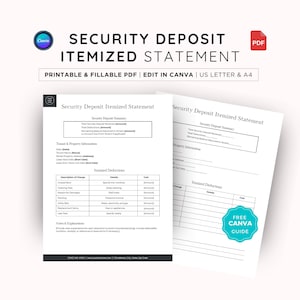 以下が含まれることがあります： 印刷可能で記入可能なPDFのセキュリティデポジット明細書。テナントと物件の情報、項目別の控除、セキュリティデポジットの概要のセクションが含まれています。USレターとA4サイズで利用できます。