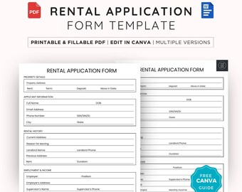 Simple Editable Rental Application Form for Tenants, Rent Application, Property Manager, Landlord Lease Agreement Template, PDF Printable