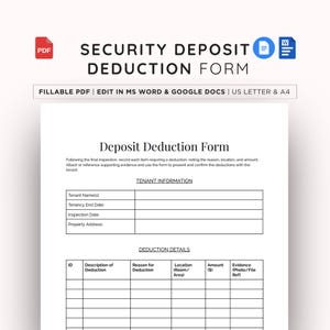 以下が含まれることがあります： 黒い文字で「SECURITY DEPOSIT DEDUCTION FORM」というタイトルが付いた、白い敷金控除フォーム。フォームには、テナント情報と控除の詳細セクションがあり、入力可能なフィールドがあります。 PDF、MS Word、Googleドキュメント形式で利用できます。