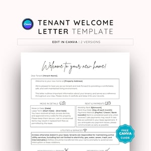May include: A white tenant welcome letter template with the text "TENANT WELCOME LETTER TEMPLATE" and "Welcome to your new home!" in a script font. The template includes sections for move-in details, rent, and utilities.