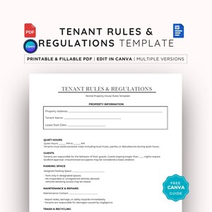 Tenant Rules for Rental Property Lease Agreement: Canva Customizable, Printable & Fillable PDF, Editable Word