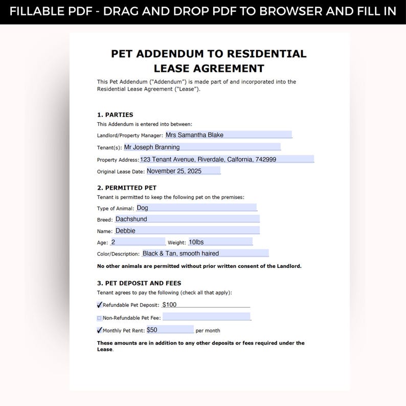 Pet Addendum Template for Lease, Editable Pet Policy Fillable PDF Form ...