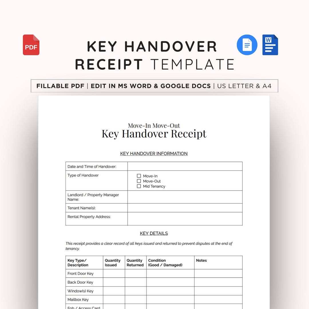 Key Receipt Example Key Receipt Form Editable Template for Tenants and Landlords, Move in ...