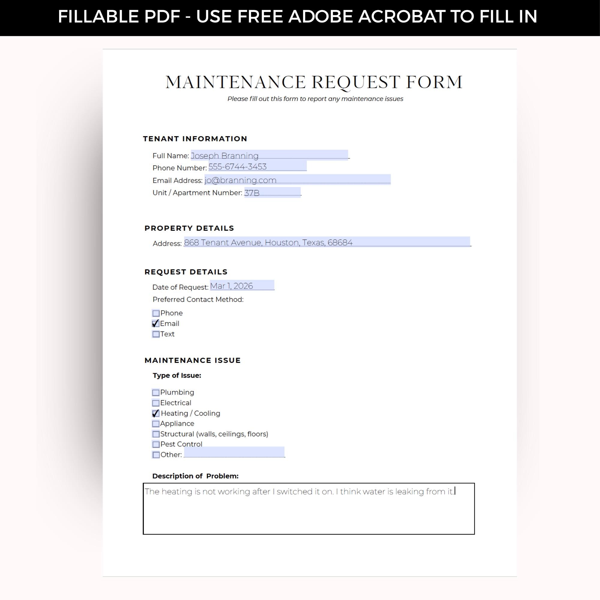 Maintenance Request Form Template | Work Order for Rental Property ...