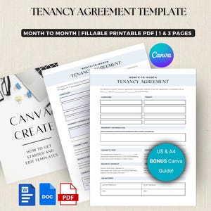 May include: A stack of white paper templates for a month-to-month tenancy agreement. The documents include fields for landlord and tenant information. The image also shows a Canva Create guide and icons for Word, Doc, and PDF formats.