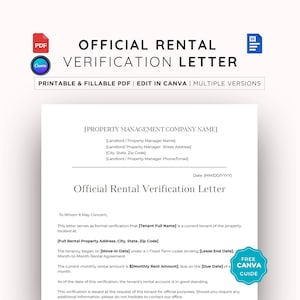 May include: A printable and fillable PDF rental verification letter template. The document includes fields for property management details, tenant information, and lease terms. The text "OFFICIAL RENTAL VERIFICATION LETTER" is displayed at the top.
